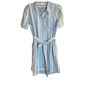 Fate Blue & White Striped Linen/Cotton Button Front Dress w/ Pockets & Tie Waist